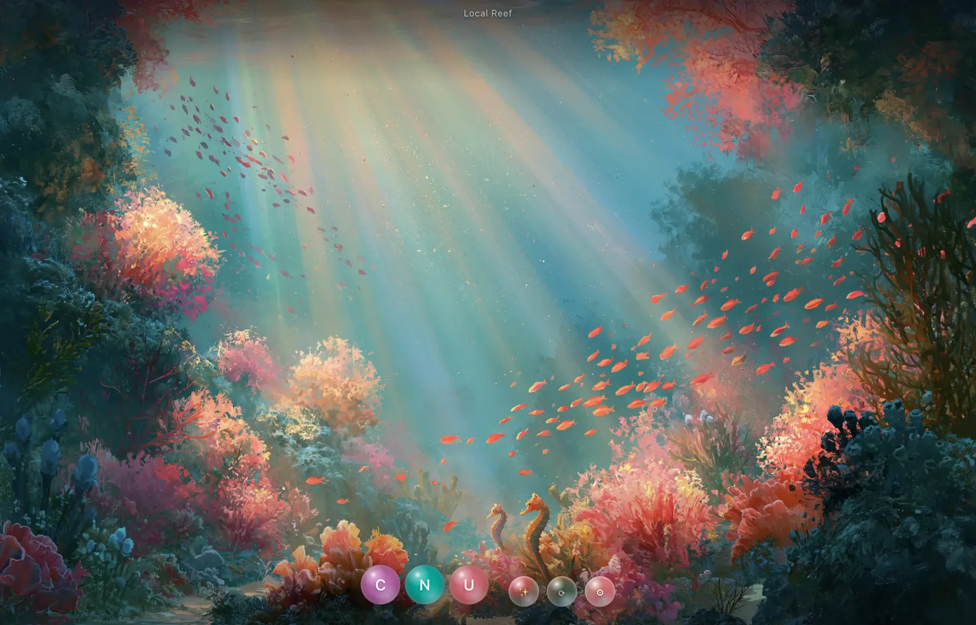 The Local Reef desktop: a painted coral reef with a row of glass bubble icons floating along the bottom edge.